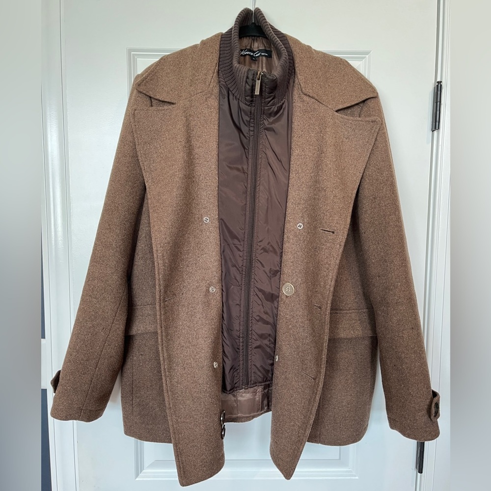 Kenneth Cole Men's Double Breasted Wool Blend Peacoat with Bib, brown
